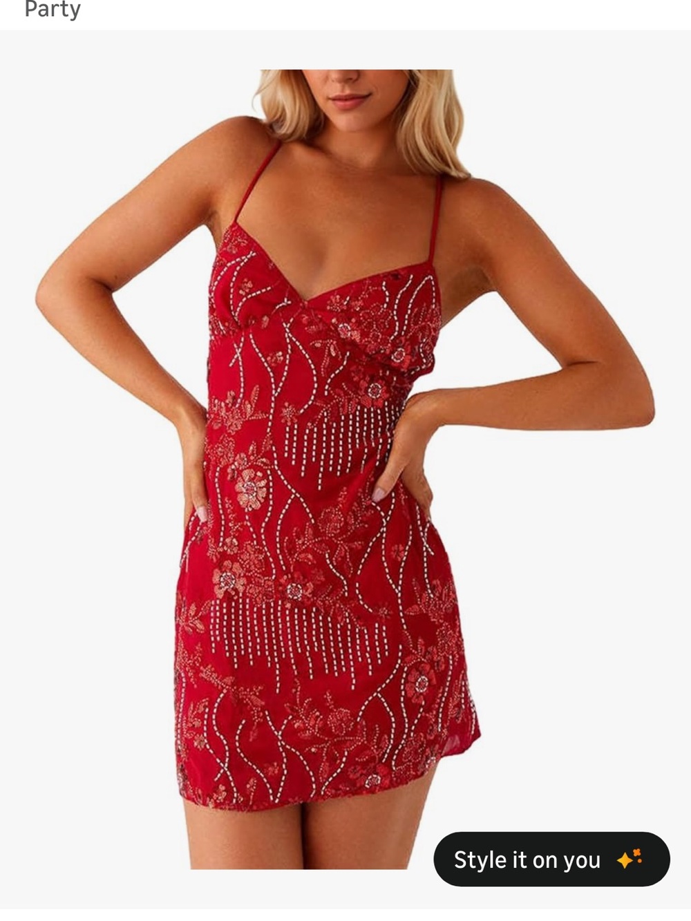 Red Beaded Floral Mini Dress - Women's Sleeveless Party Dress